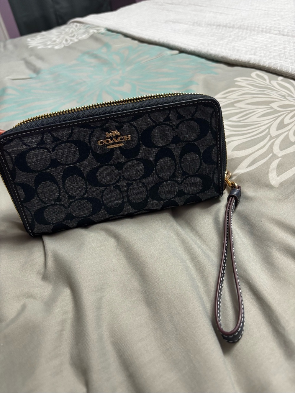 Coach Black Signature Zip Wristlet with Gold Logo